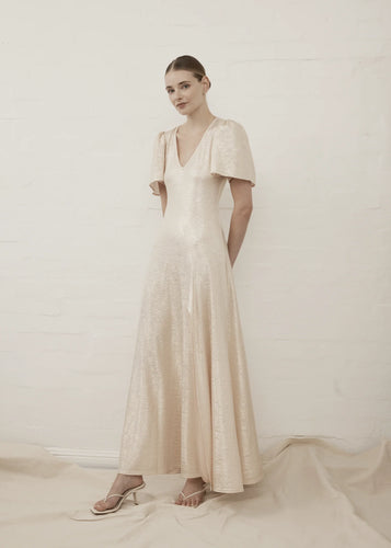 V- Neck Fluted Como Maxi dress - Light Gold