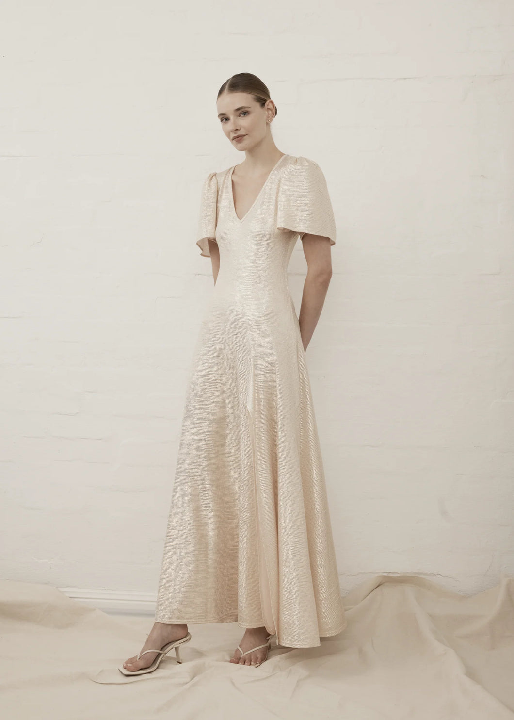 V- Neck Fluted Como Maxi dress - Light Gold