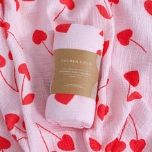 Load image into Gallery viewer, Cherry Heart Organic Cotton Baby Muslin Wrap - Candy &amp; Red