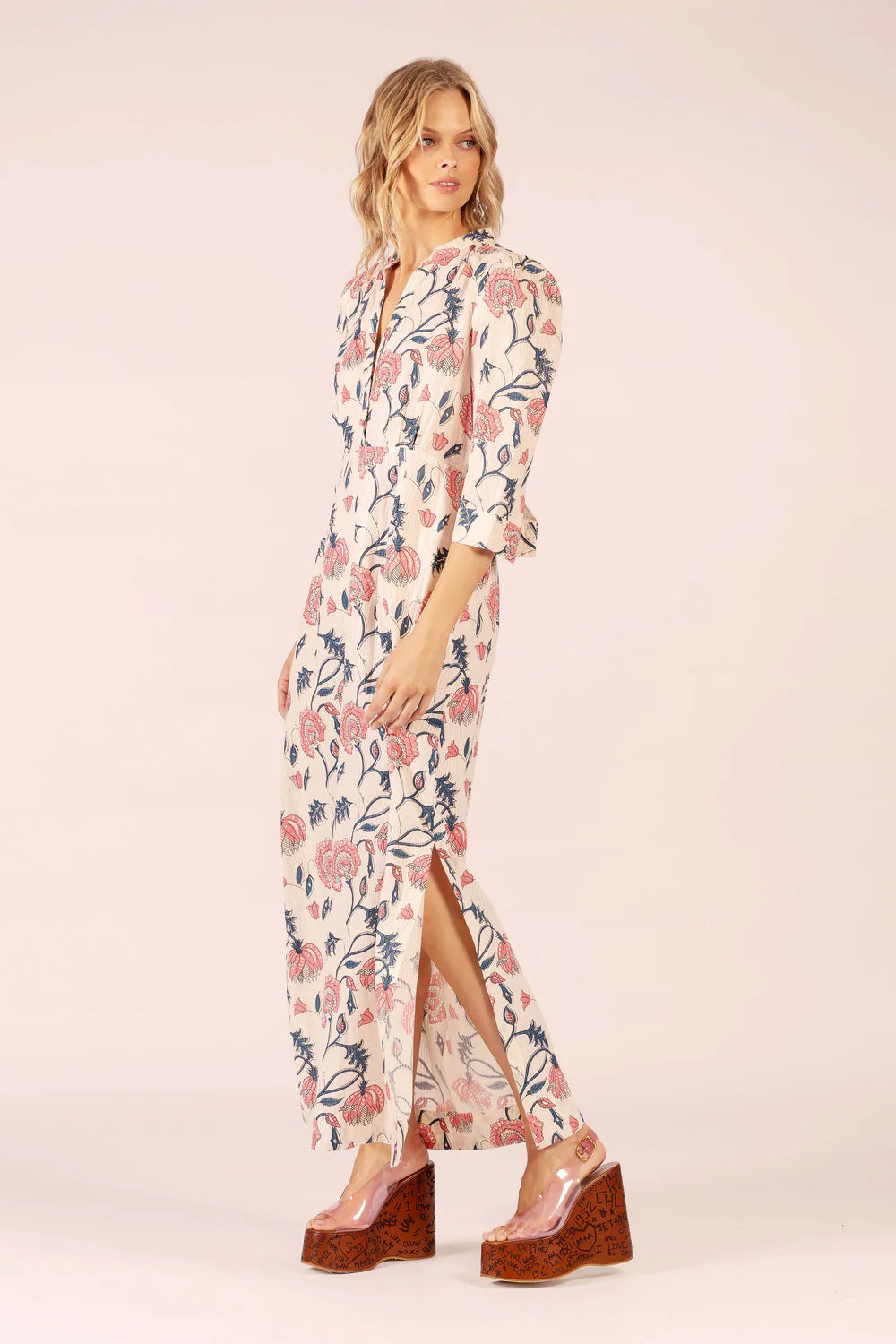 Mary Maxi Dress - Capri Pink/Blue Cotton & Lurex