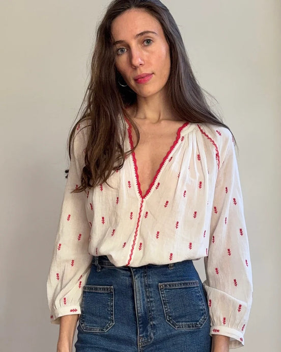 Tulipe Blouse - Red/Ecru