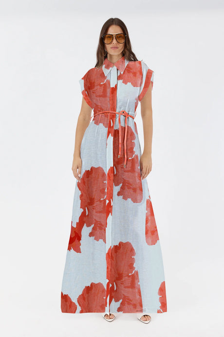 Leanne Maxi Shirt Dress - Red Floral Print