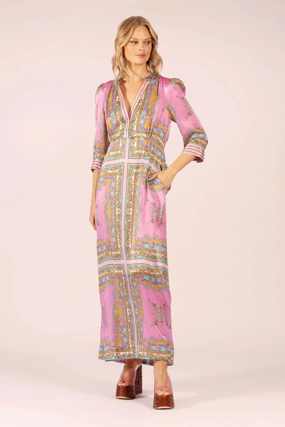 Mary Maxi Silk Dress - Aria Pink/Blue