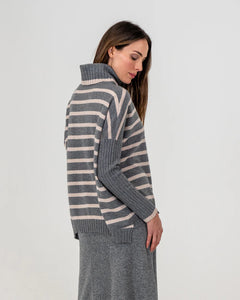 Sinead Roll Neck Knit - Charcoal/ Blush Stripe