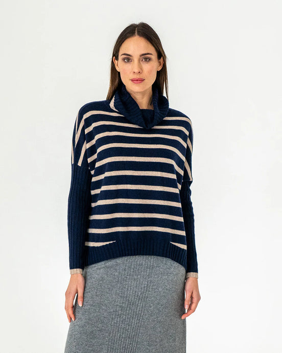 Sinead Roll Neck Knit - Navy/ Quinoa Stripe