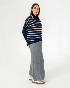 Sinead Roll Neck Knit - Navy/ Quinoa Stripe
