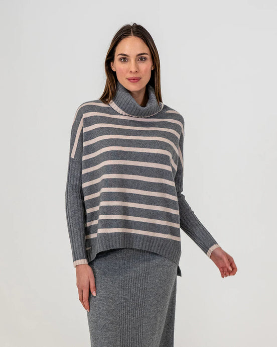 Sinead Roll Neck Knit - Charcoal/ Blush Stripe