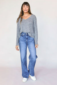 Jimi V Neck Long Sleeve Top - Heather Grey